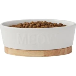 Frisco Oval Meow Non-skid Ceramic Cat Bowl With Wood Base -Meowverse Store 256080 PT3. AC SS1800 V1615312053