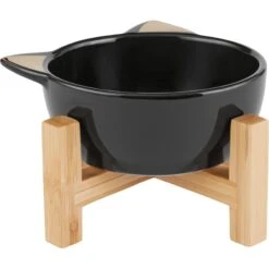 Frisco Cat Face Elevated Bamboo Non-Skid Ceramic Cat Bowl, Black, 1 Cups -Meowverse Store 363383 PT3. AC SS1800 V1657657267