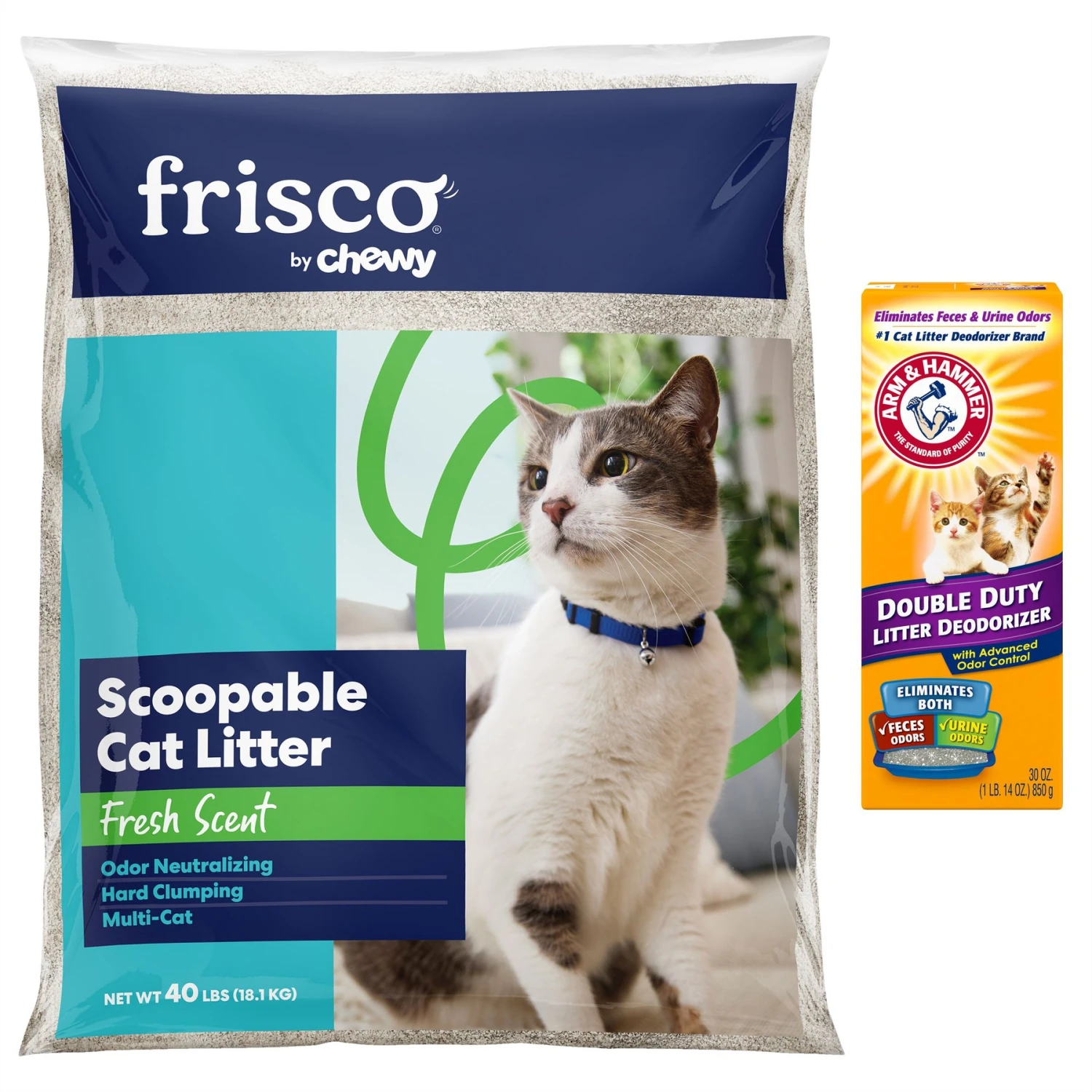 Frisco Multi-Cat Fresh Scented Clumping Clay Cat Litter & Arm & Hammer Litter Baking Soda Double Duty Cat Litter Deodorizer 1 Frisco Multi-Cat Fresh Scented Clumping Clay Cat Litter & Arm & Hammer Litter Baking Soda Double Duty Cat Litter Deodorizer